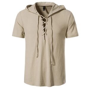 WHATLEES NWT Men Short Sleeve Hoodie Top Drawstring Solid Hooded Pullover SZ/L